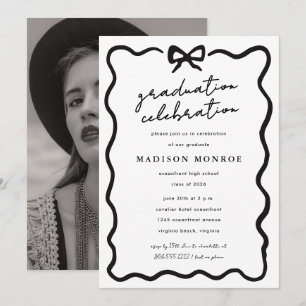 Modern Minimalist Black White Bow Photo Graduation Invitation
