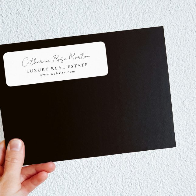 Modern Minimalist Black & White Business Address (Elegant White Script Luxury Real Estate Address Label)