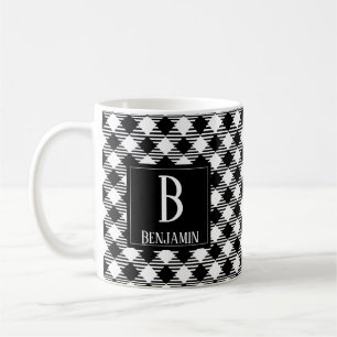 Modern Minimalist Black White Chequered Plaid Name Coffee Mug