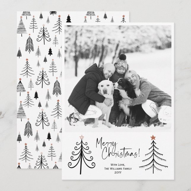 Modern Minimalist Black White Christmas Tree Photo Holiday Card (Front/Back)