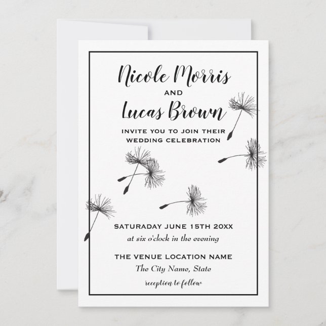 Modern Minimalist Black & White Dandelion Wedding Invitation (Front)