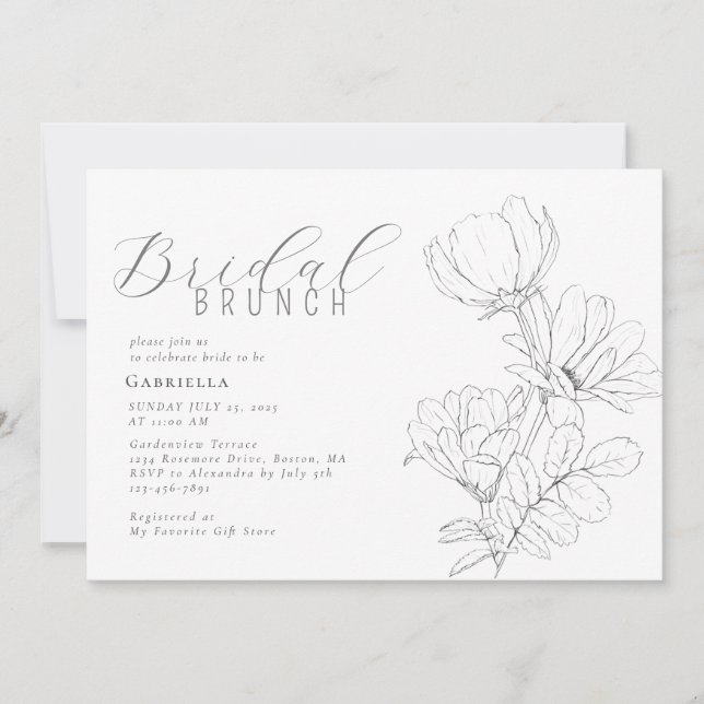Modern Minimalist Black White Floral Bridal Brunch Invitation (Front)