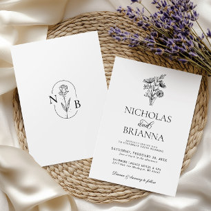 Modern Minimalist Black White Floral Wedding Invitation