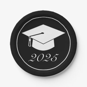 Modern Minimalist Black White Graduation Hat Paper Plate