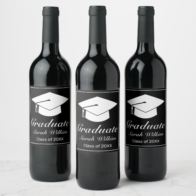 Modern Minimalist Black White Graduation Wine Label (Bottles)