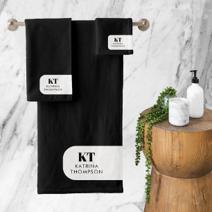 Modern Minimalist Black White Initials Monogram Bath Towel Set