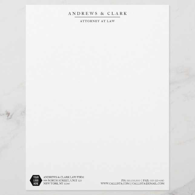 Modern Minimalist Black White Logo Lawyer Custom Letterhead (Front)