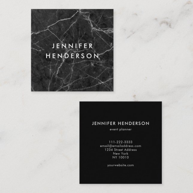 Modern minimalist black white marble professional square business card (Front/Back)