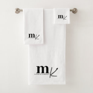 Modern Minimalist Black White Monogram  Bath Towel Set