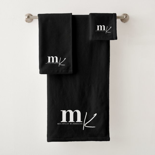 Modern Minimalist Black White Monogram  Bath Towel Set (Insitu)