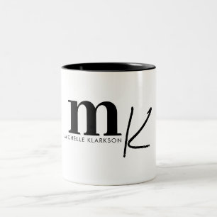 Modern Minimalist Black White Monogram Two-Tone Coffee Mug