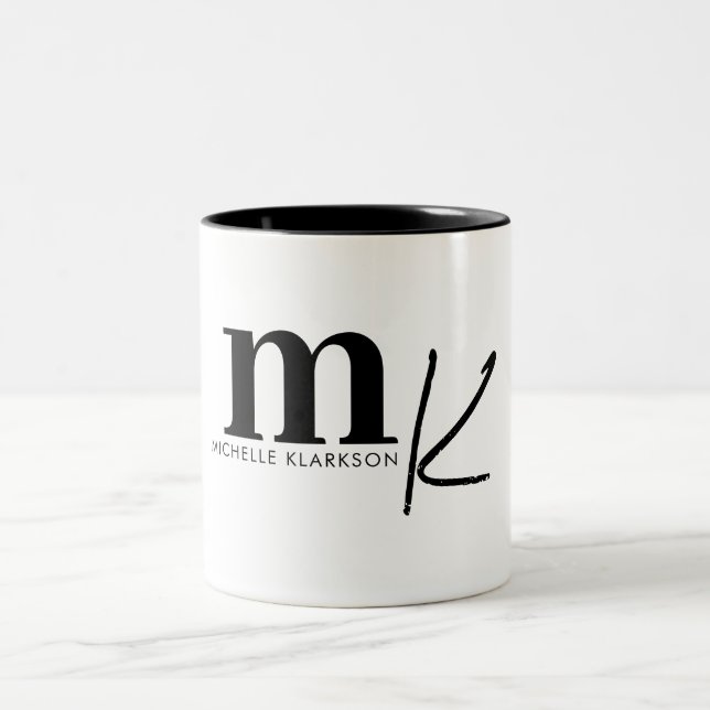 Modern Minimalist Black White Monogram Two-Tone Coffee Mug (Center)
