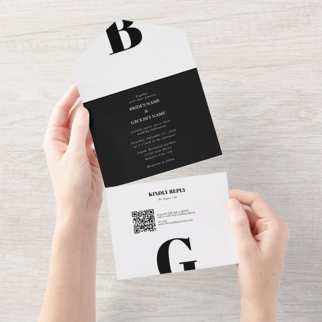 Modern Minimalist Black & White Monogram Wedding  All In One Invitation (Tearaway)