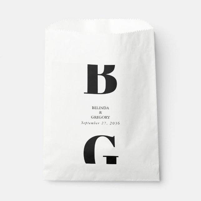 Modern Minimalist Black & White Monogram Wedding  Favour Bags (Front)
