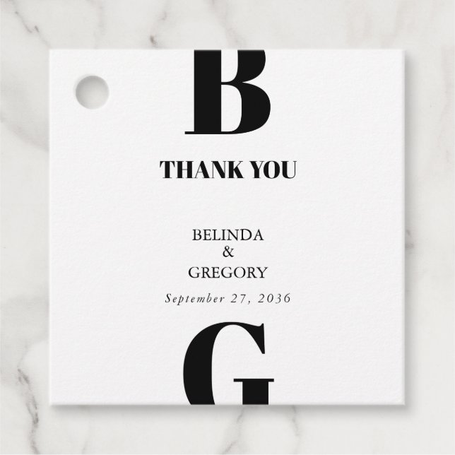 Modern Minimalist Black & White Monogram Wedding Favour Tags (Front)