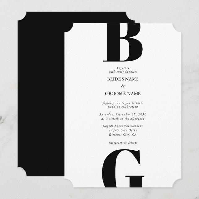 Modern Minimalist Black & White Monogram Wedding Invitation (Front/Back)