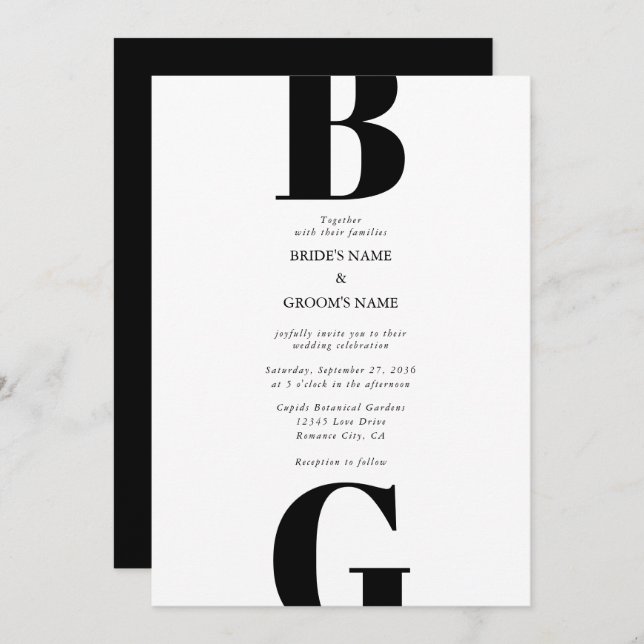 Modern Minimalist Black & White Monogram Wedding Invitation (Front/Back)