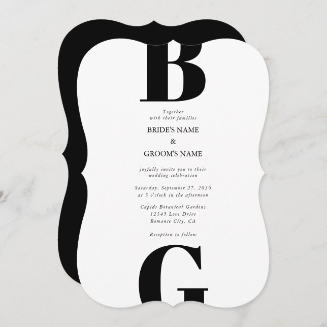 Modern Minimalist Black & White Monogram Wedding Invitation (Front/Back)