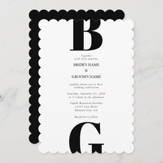Modern Minimalist Black & White Monogram Wedding Invitation (Front/Back)
