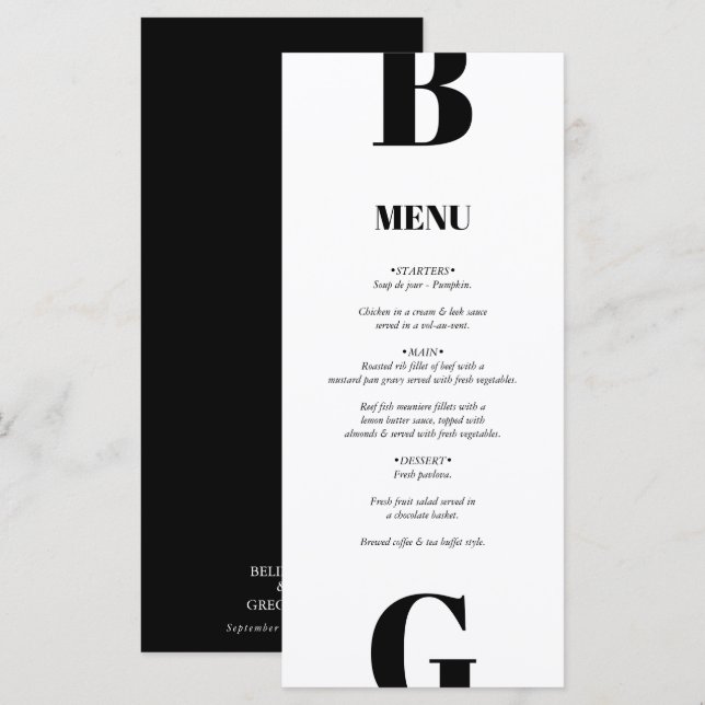 Modern Minimalist Black & White Monogram Wedding Menu (Front/Back)