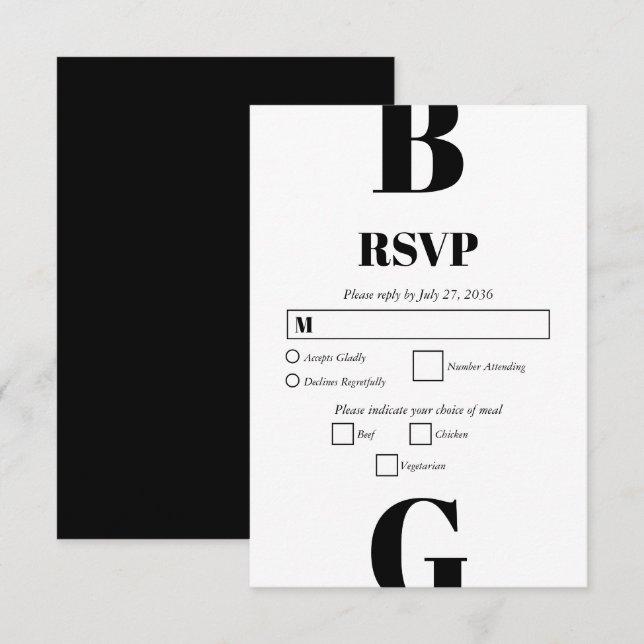 Modern Minimalist Black & White Monogram Wedding  RSVP Card (Front/Back)