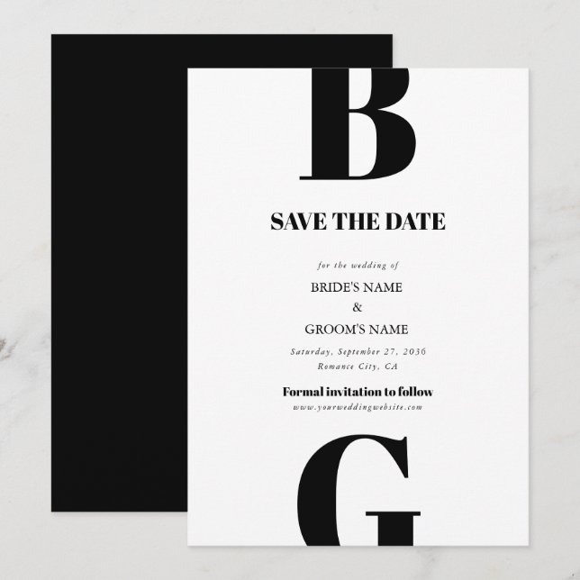 Modern Minimalist Black & White Monogram Wedding Save The Date (Front/Back)