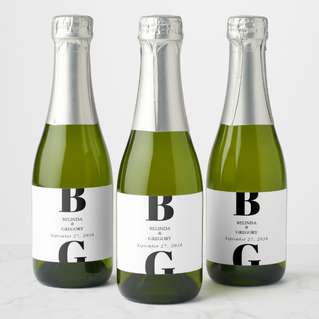 Modern Minimalist Black & White Monogram Wedding   Sparkling Wine Label (Bottles)
