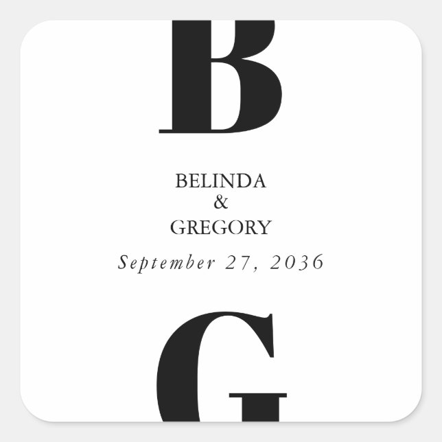 Modern Minimalist Black & White Monogram Wedding Square Sticker (Front)