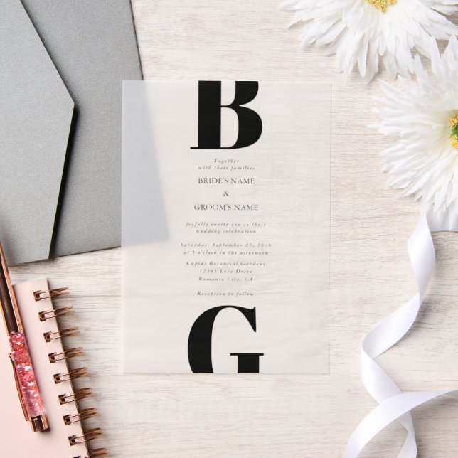 Modern Minimalist Black & White Monogram Wedding Vellum Invitations (Wedding)