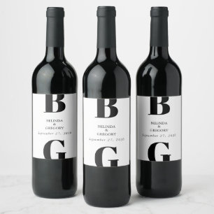Modern Minimalist Black & White Monogram Wedding Wine Label