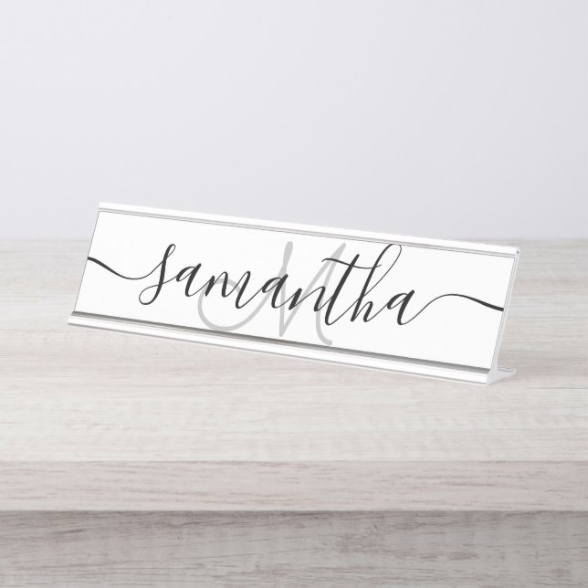 Modern minimalist black white name simple monogram desk name plate (Front)
