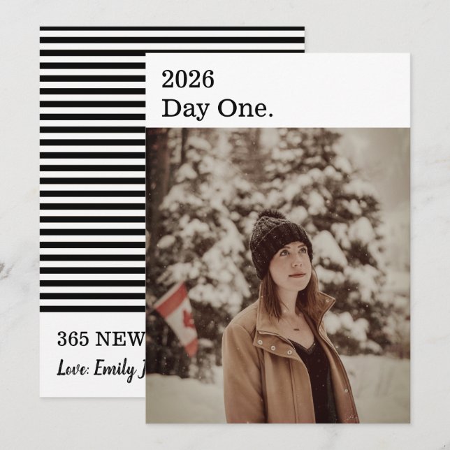 Modern Minimalist Black White New Year Photo Holiday Card (Front/Back)