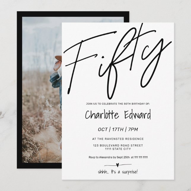 Modern minimalist black white photo surprise fifty invitation (Front/Back)