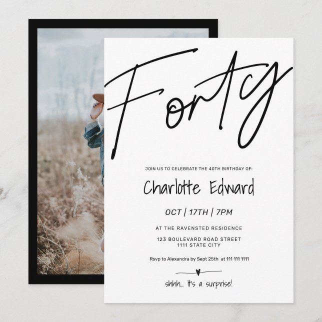 Modern minimalist black white photo surprise forty invitation (Front/Back)