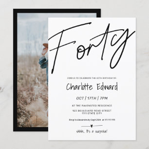 Modern minimalist black white photo surprise forty invitation