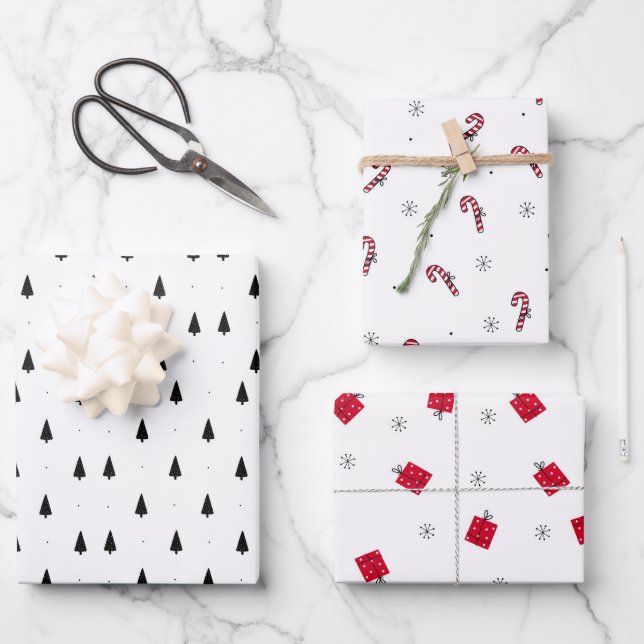 Modern Minimalist Black White & Red Christmas Wrapping Paper Sheet (Front)