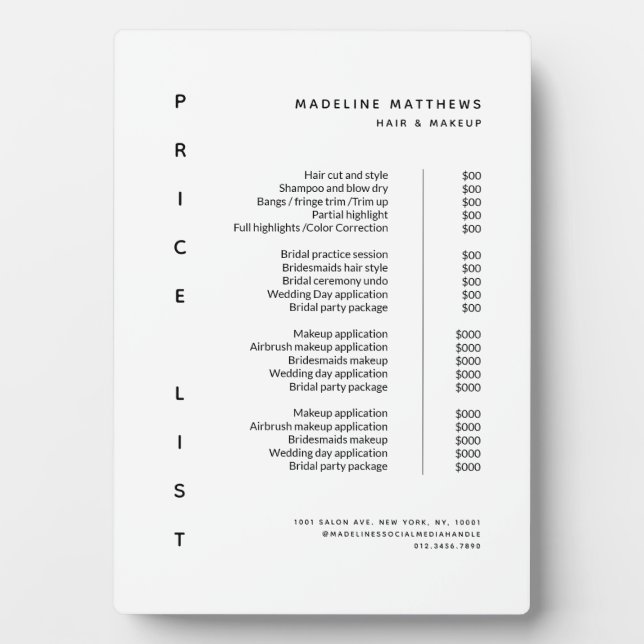 Modern Minimalist Black White Salon Price List Plaque (Front)