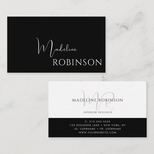 Modern Minimalist Black White Script Business Card (Front/Back)