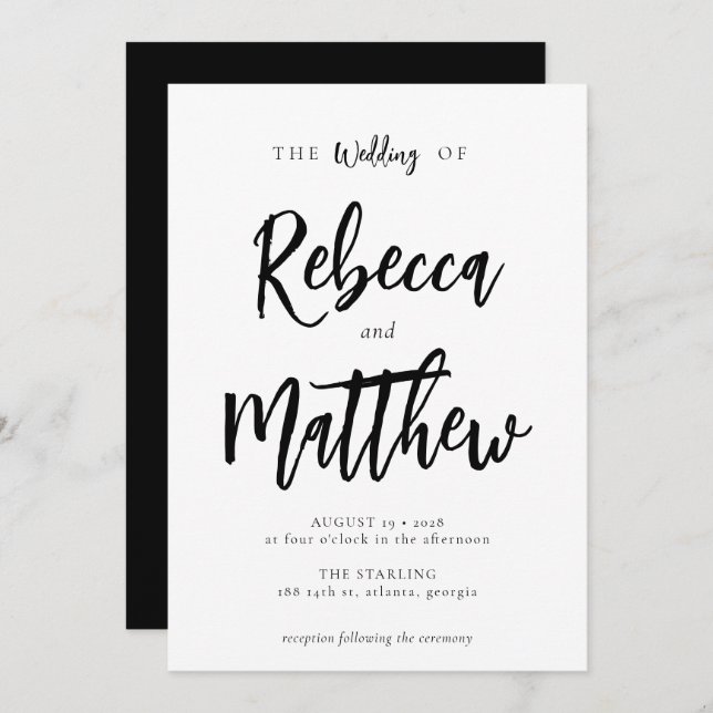 Modern Minimalist Black White Script Wedding Invitation (Front/Back)