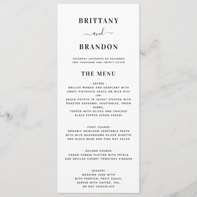 Modern Minimalist Black & White Simple Wedding Menu (Front)