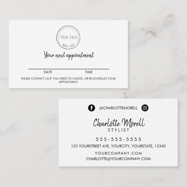 Modern minimalist black white simple with logo appointment card (Front/Back)