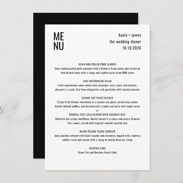 Modern Minimalist Black White Stylish Wedding Menu (Front/Back)