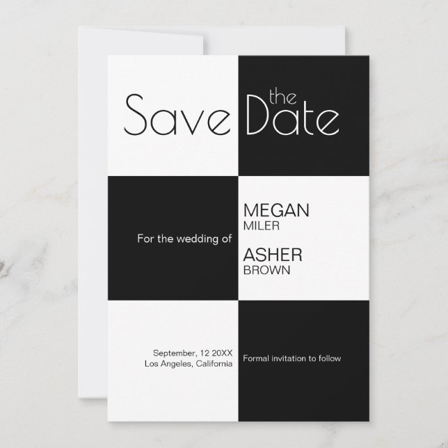 Modern Minimalist Black White TIles Save The Date (Front)