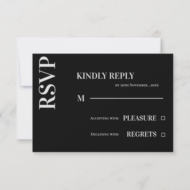 Modern Minimalist Black  White Typography Wedding RSVP Card (Front)