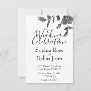 Modern minimalist black white watercolor roses invitation