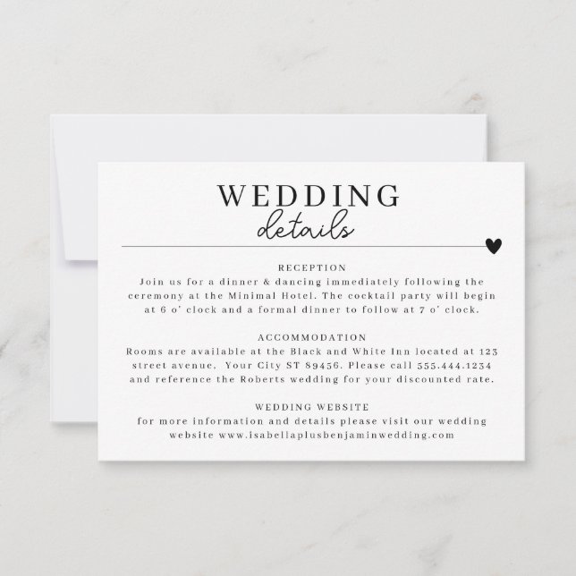 Modern Minimalist Black White Wedding Details Card (Front)