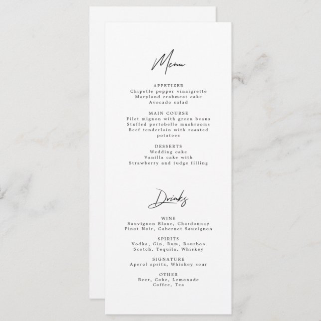Modern Minimalist Black & White Wedding Menu  Invitation (Front/Back)