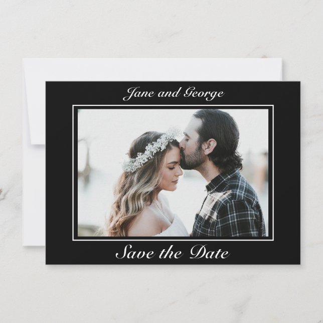Modern Minimalist Black White Wedding Photo Save The Date (Front)