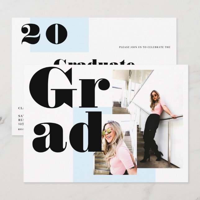 Modern minimalist blue 2 photos graduation invitation (Front/Back)