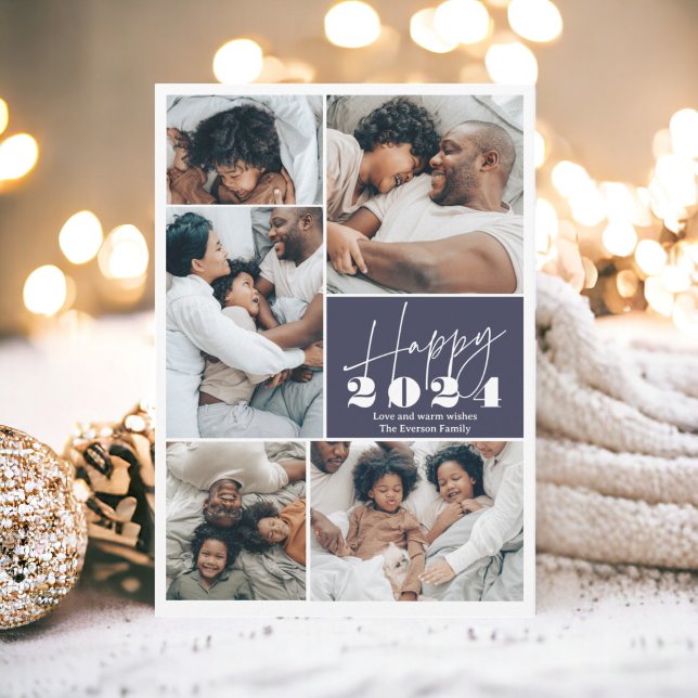 Modern minimalist blue 6 photos Happy 2024 Holiday Card (Modern minimalist blue 6 photos Happy 2024 Holiday Card)